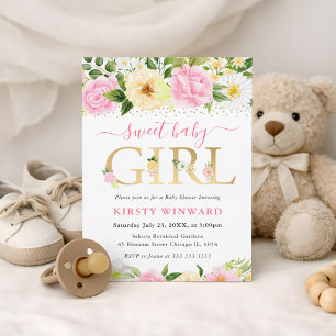 Invitation Fleurs roses et jaunes à l'aquarelle Baby Shower