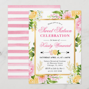Invitation Fleurs roses et jaunes à l'aquarelle pour un Sweet