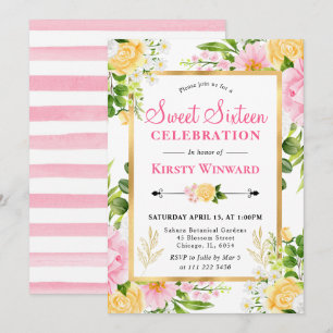 Invitation Fleurs roses et jaunes à l'aquarelle Sweet 16