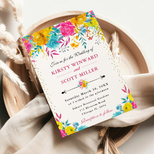 Invitation Fleurs roses et jaunes aquarelles Mariage