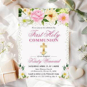 Invitation Fleurs roses et jaunes d'été Première Sainte Commu