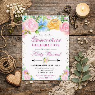 Invitation Fleurs roses et jaunes d'été Quinceanera