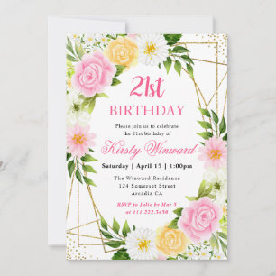 Invitation Fleurs roses et jaunes Gold Frame 21e anniversaire