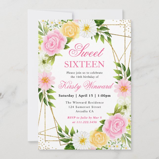 Invitation Fleurs roses et jaunes Gold Frame Sweet 16 (Devant)