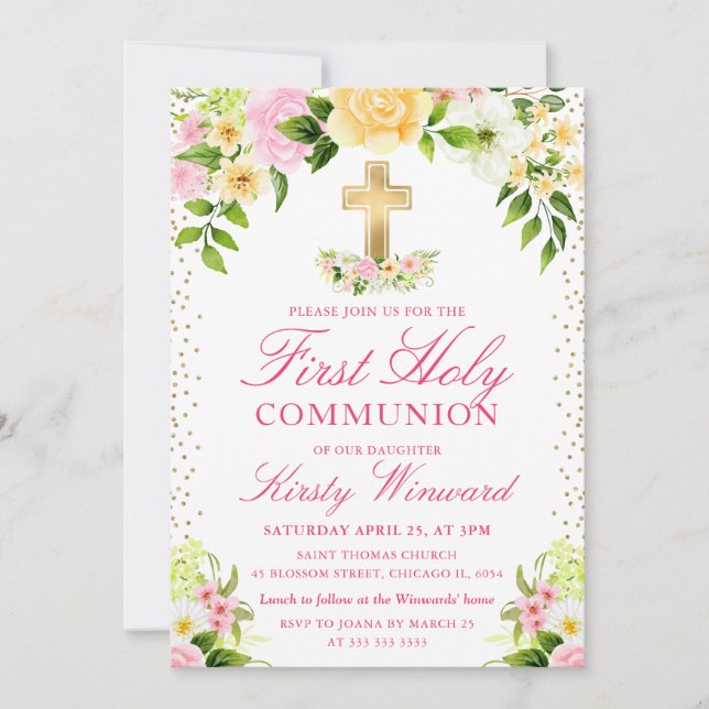 Invitation Fleurs roses et jaunes Première communion sainte (Devant)