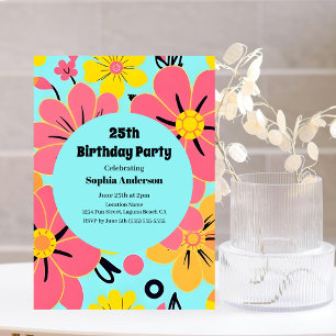 Invitation Fleurs roses et jaunes sur Sky Blue- Dopamine