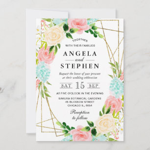 Invitation Fleurs roses et menthe Cadre de mariage en or