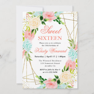 Invitation Fleurs roses et menthe Cadre doré Sweet 16