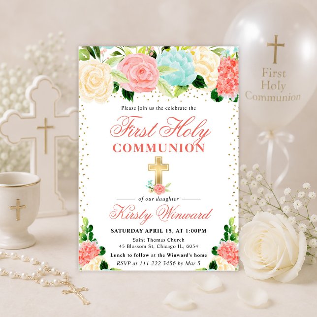 Invitation Fleurs roses et menthe Première communion (Créateur téléchargé)