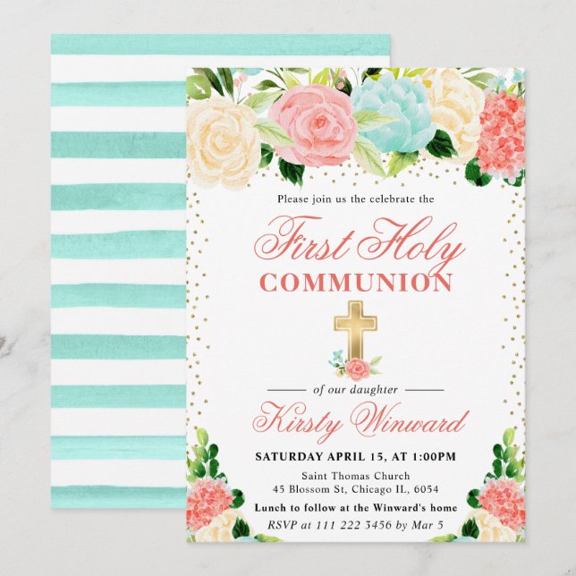 Invitation Fleurs roses et menthe Première communion (Devant / Derrière)