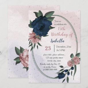 Invitation fleurs roses et navales anniversaire géométrique