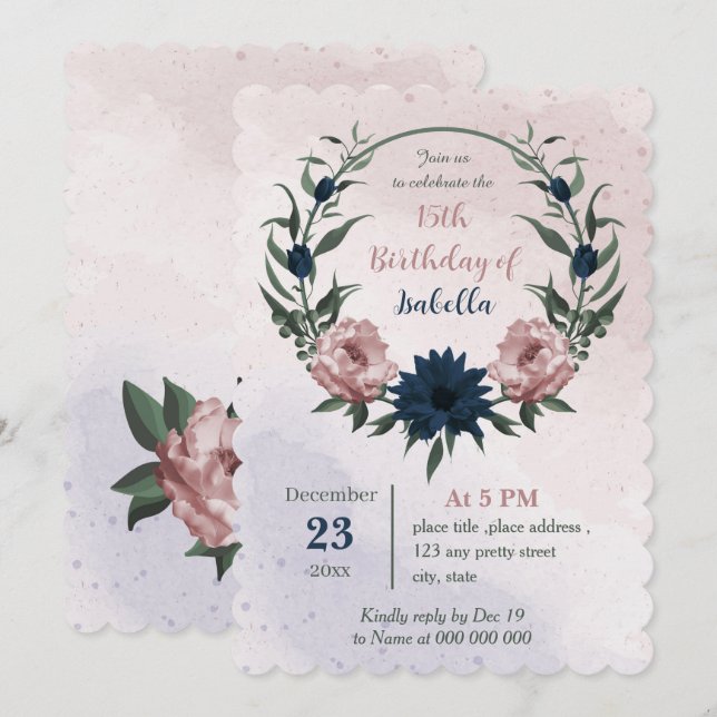Invitation fleurs roses et navales botaniques couronne annive (Devant / Derrière)