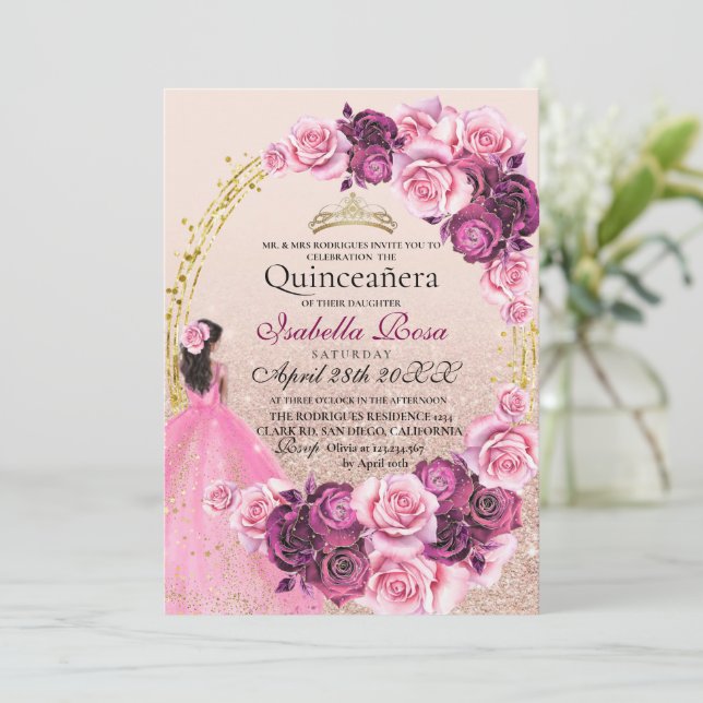 Invitation Fleurs roses et or Quinceanera XV Ans (Debout devant)