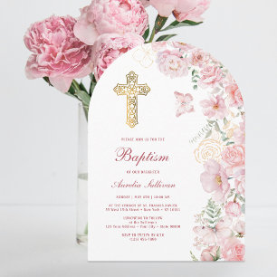 Invitation Fleurs roses et papillons Arche Baptême
