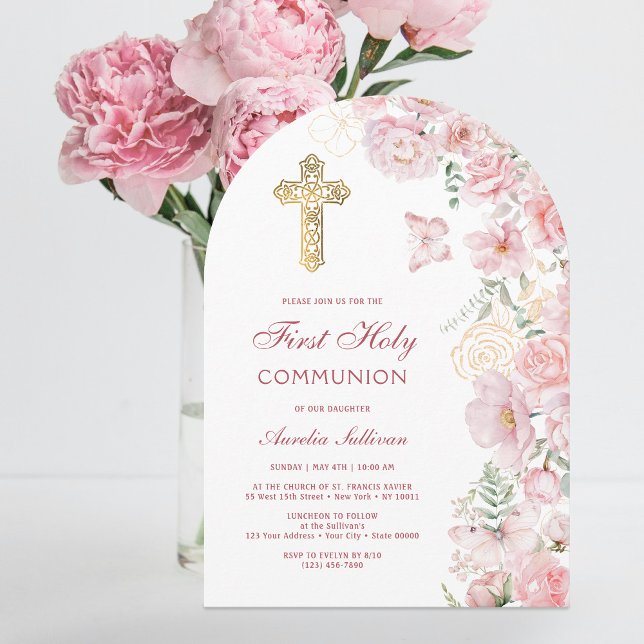 Invitation Fleurs roses et papillons Arche Première Communion (Créateur téléchargé)
