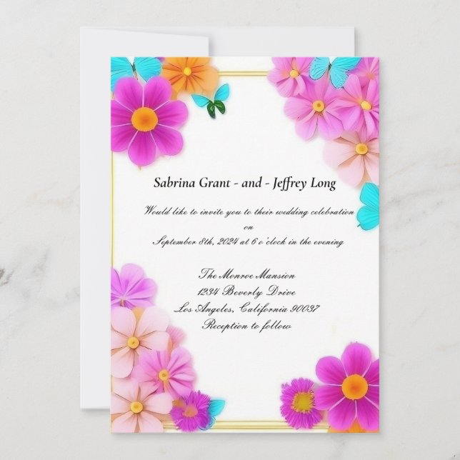 Invitation Fleurs roses et papillons Mariage (Devant)