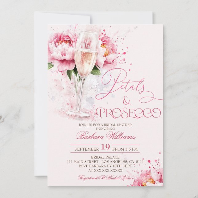 Invitation Fleurs roses et prosecco pour un enterrement de vi (Devant)