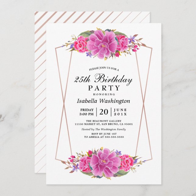 Invitation Fleurs roses et Rose Gold Géométrique fête d'anniv (Devant / Derrière)
