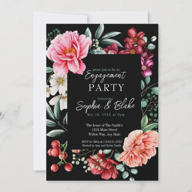 Invitation Fleurs roses et rouges | Black Engagement Party (Devant)