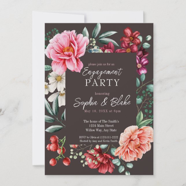 Invitation Fleurs roses et rouges | Slate Engagement Party (Devant)