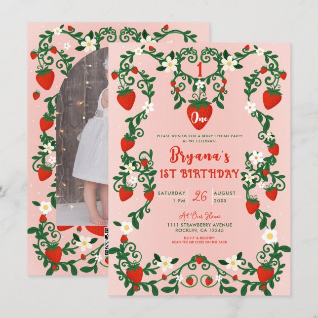 Invitation Fleurs roses et rouges Vignes Fraises 1er annivers (Devant / Derrière)