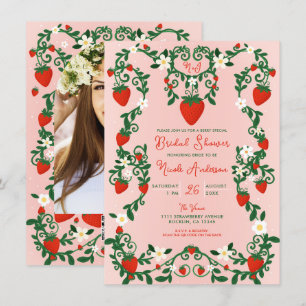 Invitation Fleurs roses et rouges Vignes Fraises Réception de