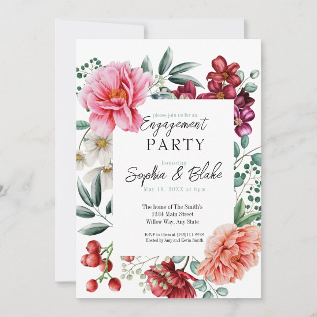 Invitation Fleurs roses et rouges | White Engagement Party (Devant)