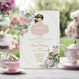Invitation Fleurs Roses et Sages Niña Presentación De Tres Añ