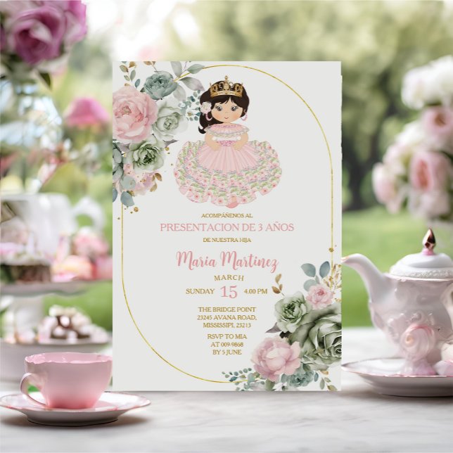 Invitation Fleurs Roses et Sages Niña Presentación De Tres Añ (Créateur téléchargé)