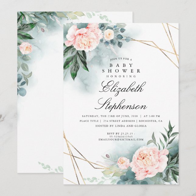 Invitation Fleurs roses et verdure Baby shower élégant (Devant / Derrière)