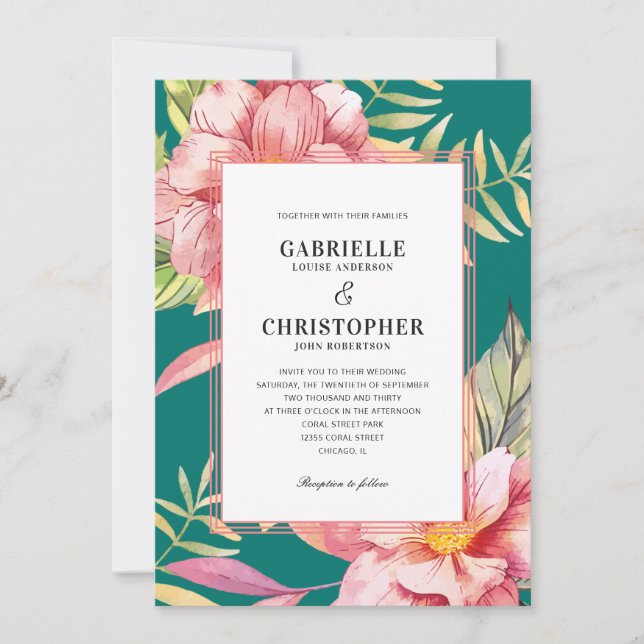 Invitation Fleurs roses et verdure Mariage sarcelle (Devant)