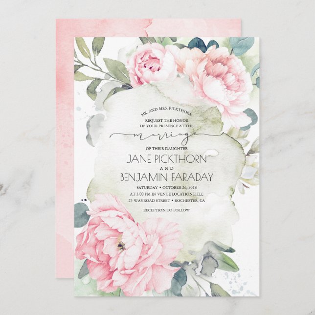 Invitation Fleurs roses et verdure Mariage Vintage élégant (Devant / Derrière)