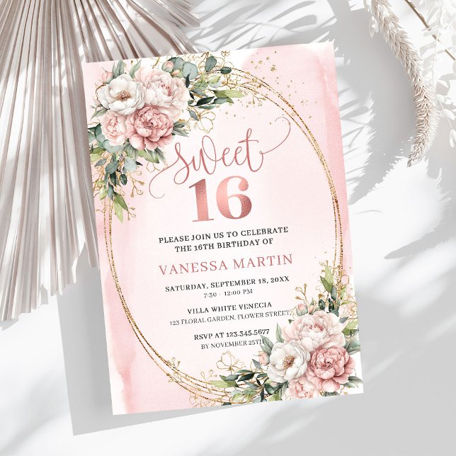 Invitation Fleurs roses et verdure pour une fête d'anniversai (Dusty Pink Floral Eucalyptus Sweet Sixteen Birthday Invite

)