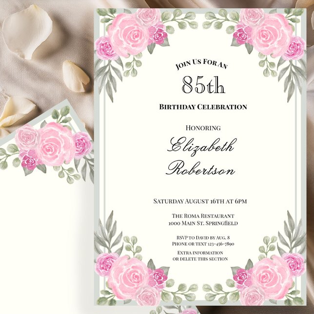 Invitation Fleurs roses et vert sauge pour 85e anniversaire (Créateur téléchargé)