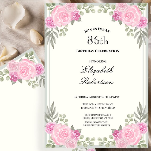 Invitation Fleurs roses et vert sauge pour 86e anniversaire (Créateur téléchargé)