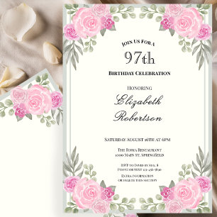 Invitation Fleurs roses et vert sauge pour 97e anniversaire