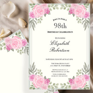 Invitation Fleurs roses et vert sauge pour le 98e anniversair