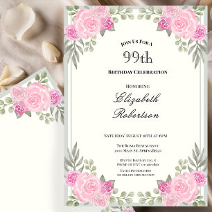 Invitation Fleurs roses et vert sauge pour le 99e anniversair