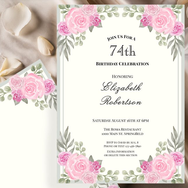 Invitation Fleurs roses et vert sauge pour les 74 ans (Créateur téléchargé)