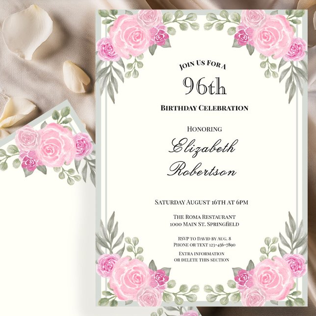 Invitation Fleurs roses et vert sauge pour les 96 ans (Créateur téléchargé)