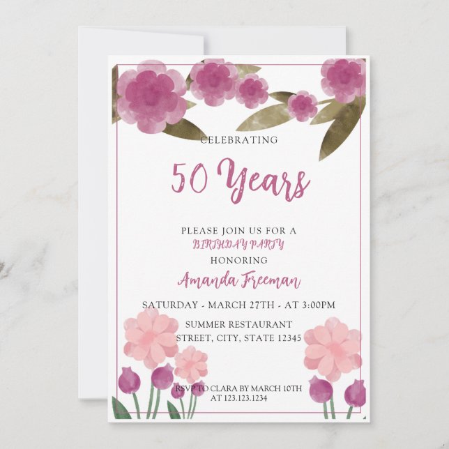 Invitation Fleurs roses et vertes modernes Mère Anniversaire (Devant)
