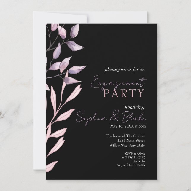 Invitation Fleurs roses et violettes Fête de fiançailles noir (Devant)