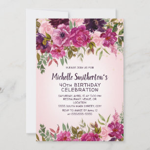 Invitation Fleurs roses et violettes pour 40e anniversaire