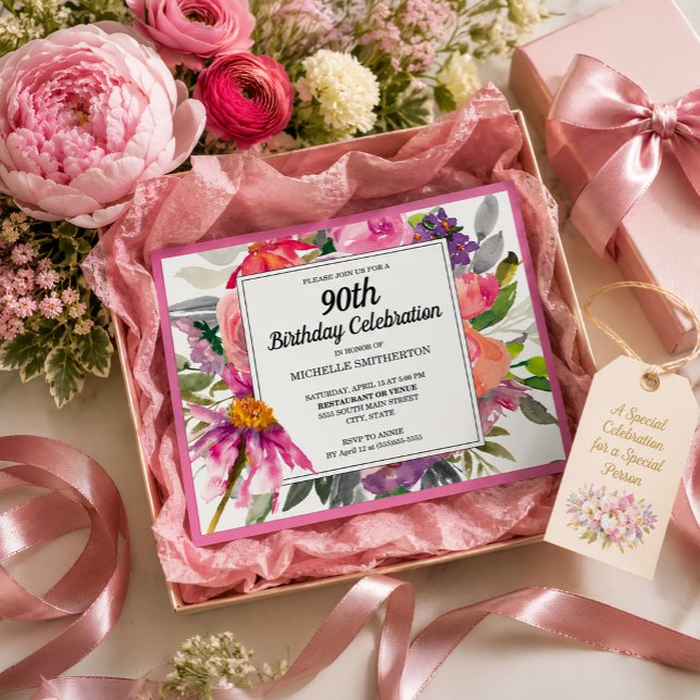 Invitation Fleurs roses et violettes pour les 90 ans d'une fe (Pink and purple watercolor wildflowers 90th birthday party invitation)