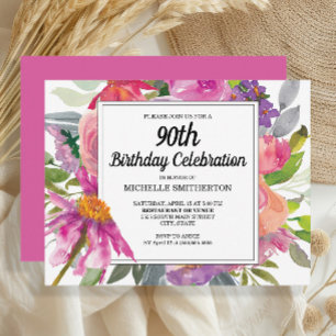 Invitation Fleurs roses et violettes pour les 90 ans d'une fe