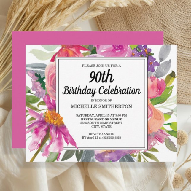 Invitation Fleurs roses et violettes pour les 90 ans d'une fe (Pretty pink and purple watercolor floral 90th birthday party invitation)