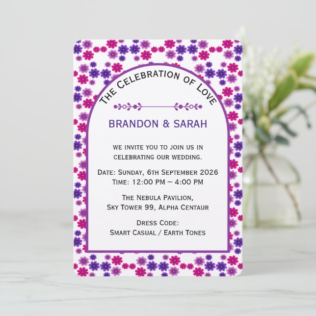 Invitation Fleurs roses et violettes symétriques mini florale (Debout devant)