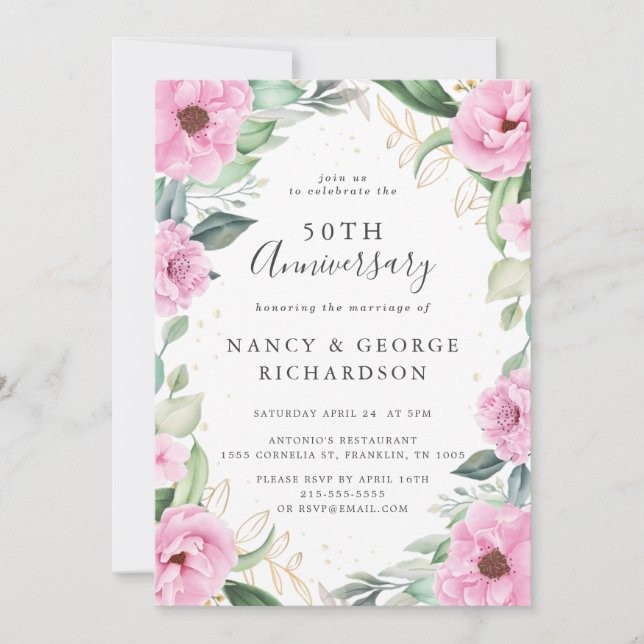 Invitation Fleurs roses Eucalyptus 50e anniversaire de Mariag (Devant)