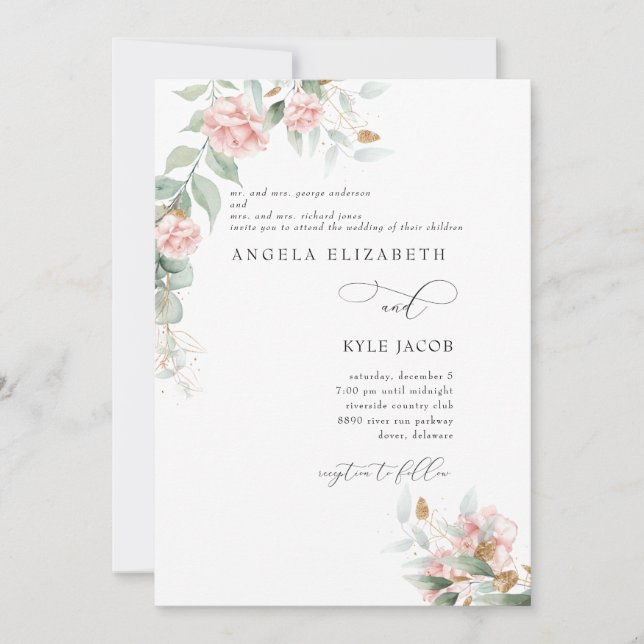 Invitation Fleurs Roses Eucalyptus Deux Parents Mariage (Devant)
