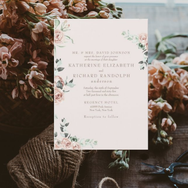 Invitation Fleurs Roses Eucalyptus Mariage Rose (Créateur téléchargé)